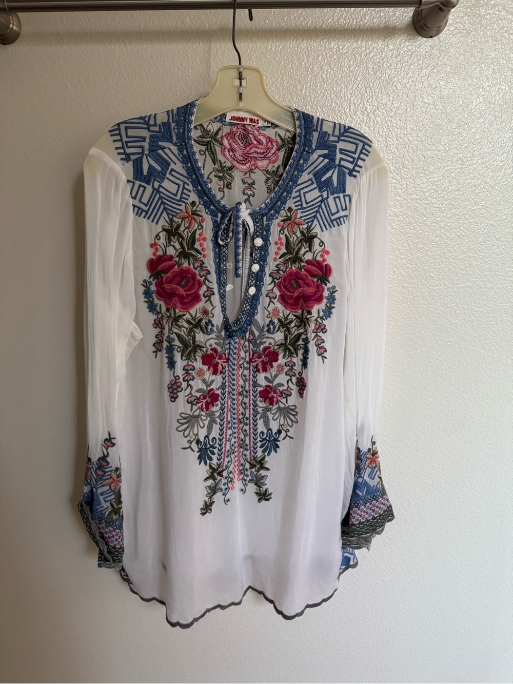 Johnny Was White Tunic with Pink and Blue Floral Embroidery